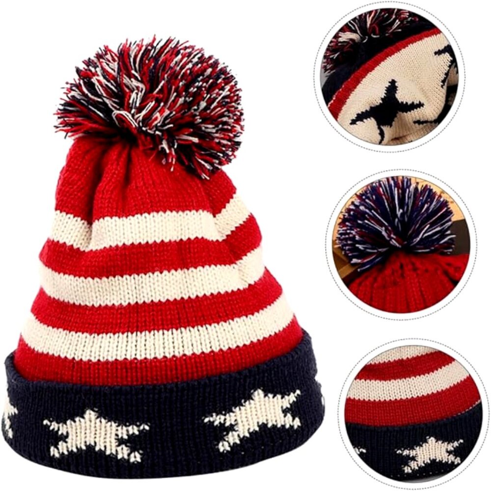 American Flag Jacquard Stripped Patriotic Cap With Pom • Unisex Beanie - Picture 3 of 3